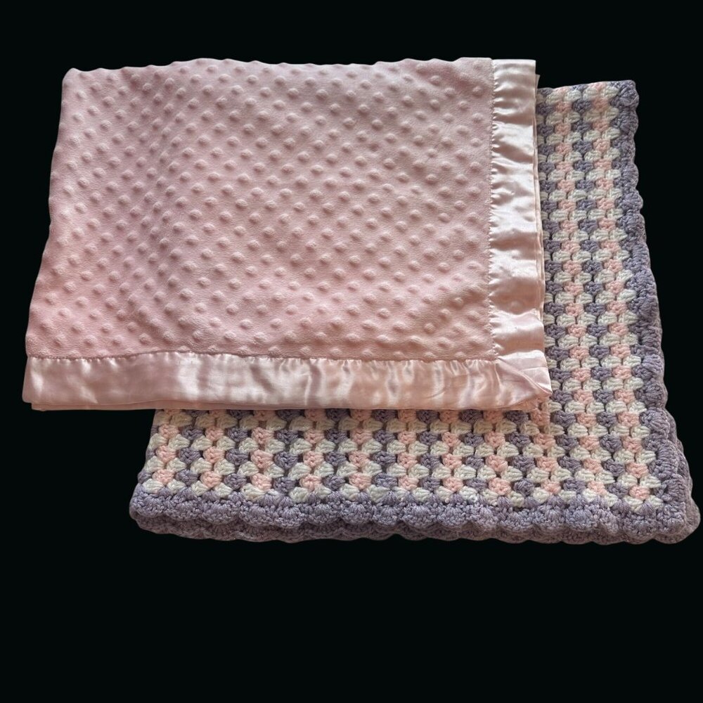 2 Retro Handmade Crochet & Baby Girl Blankets Plush Throw Afghan Nursery Shower